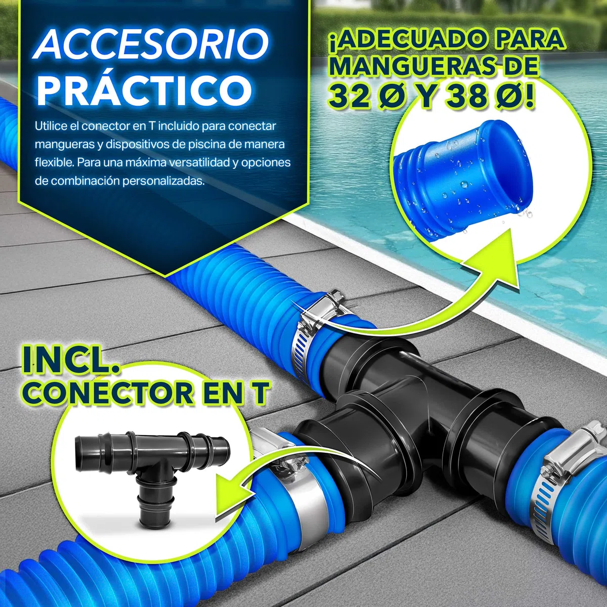 tillvex® Juego de Bypass Piscina Completo 12 pzs. – Ø 32 & 38 mm Conector | Válvula de 3 vías y Adaptador ABS | con 6 Abrazaderas de Manguera de Acero Inoxidable y Cinta Aislante de 8 m