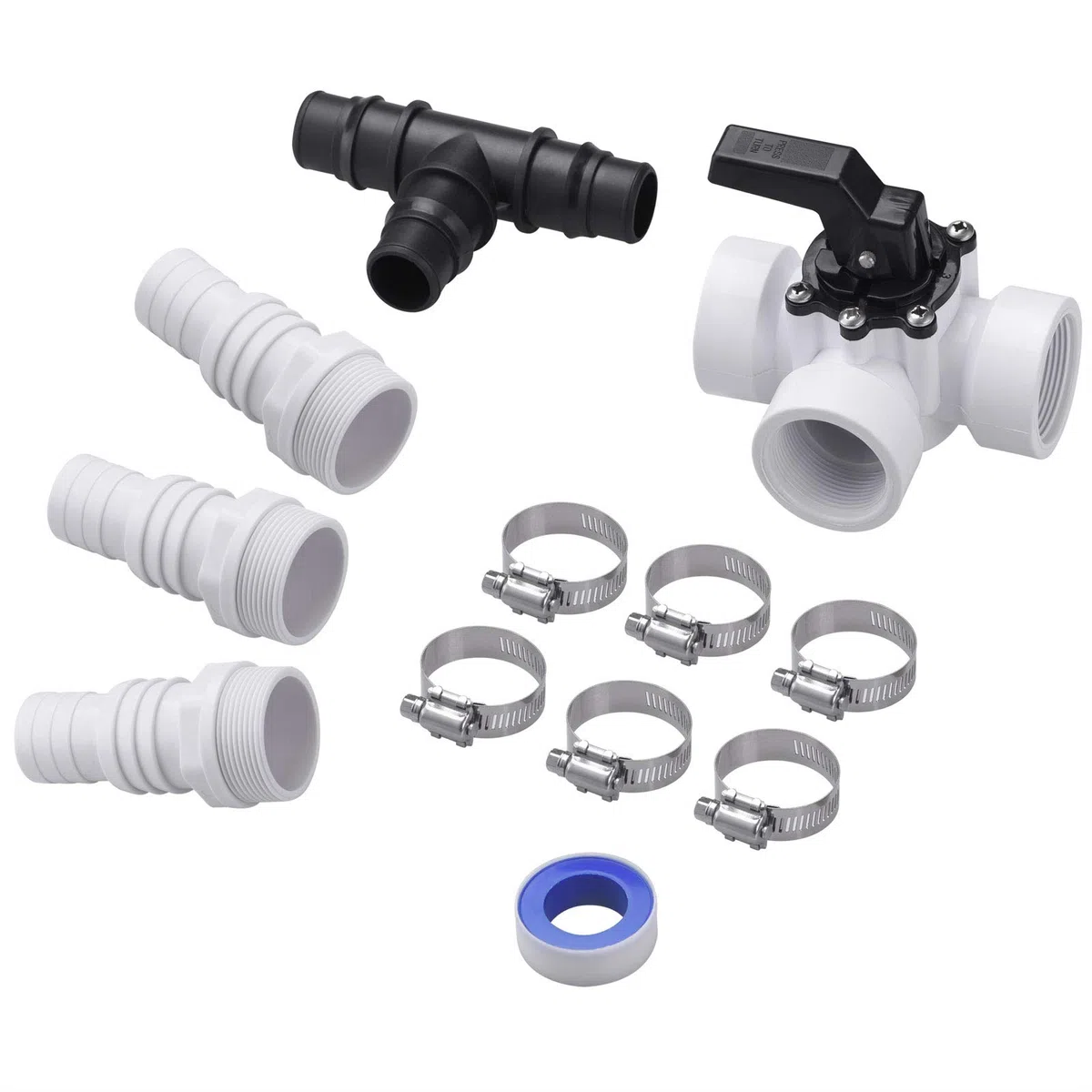 MONZANA® Juego de Bypass Piscina 12 Pzs. Válvula de 3 Vías Conector Ø 32/38mm 6 Abrazaderas de Manguera 8m Cinta Sellado Depuradoras Calefacción Piscina Bomba de Calor Calefacción Solar