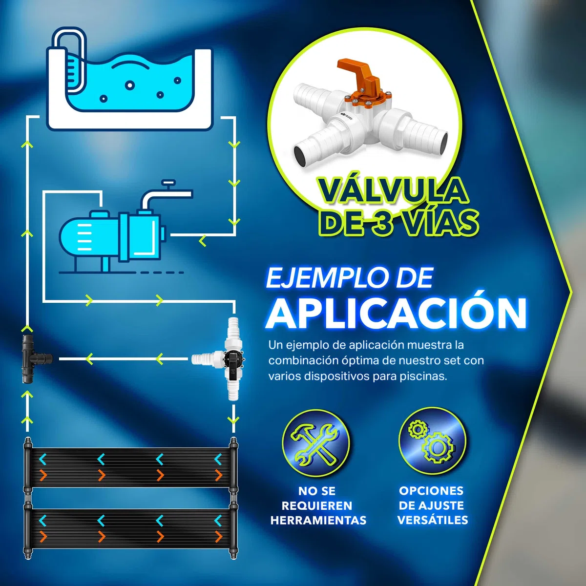 tillvex® Juego de Bypass Piscina Completo 12 pzs. – Ø 32 & 38 mm Conector | Válvula de 3 vías y Adaptador ABS | con 6 Abrazaderas de Manguera de Acero Inoxidable y Cinta Aislante de 8 m