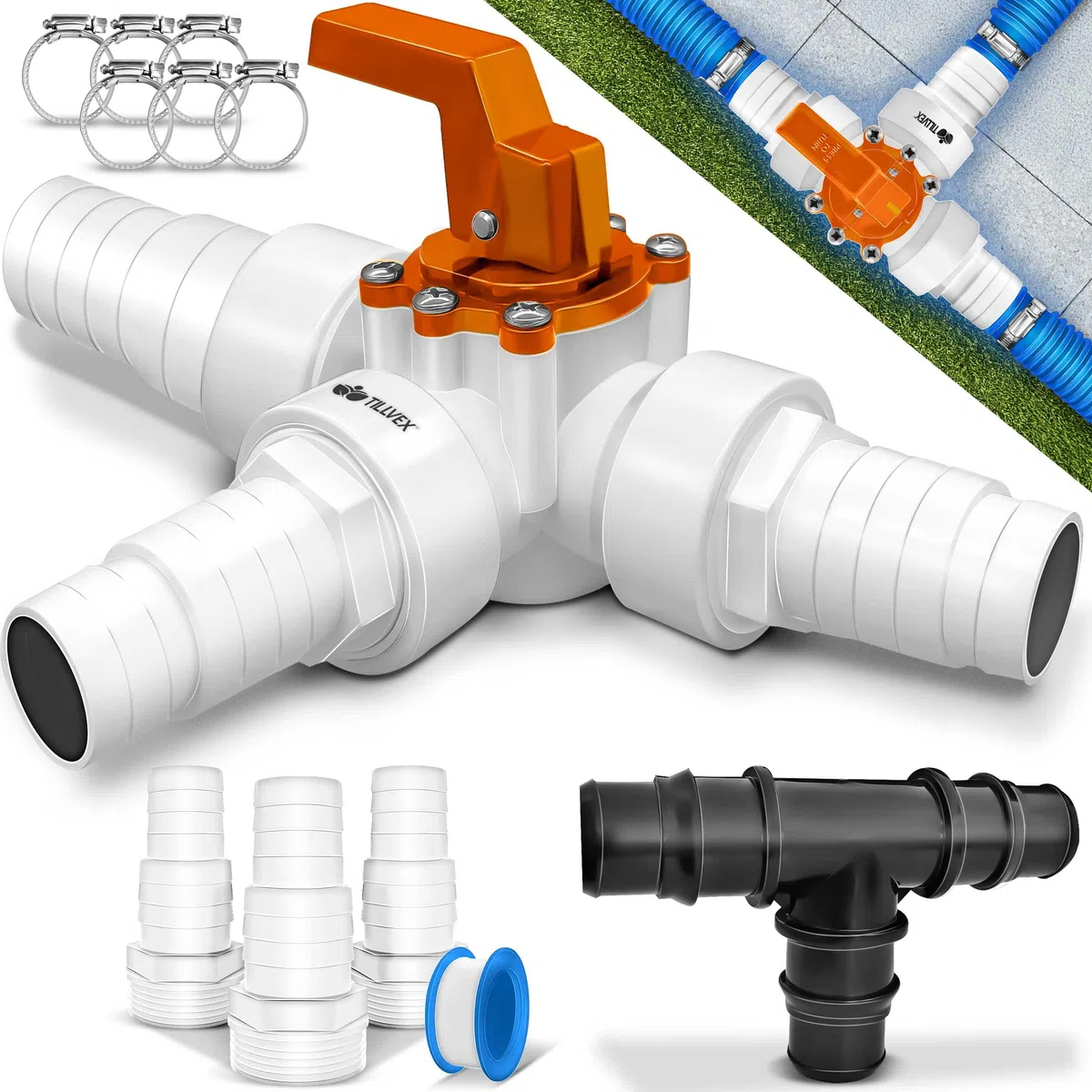 tillvex® Juego de Bypass Piscina Completo 12 pzs. – Ø 32 & 38 mm Conector | Válvula de 3 vías y Adaptador ABS | con 6 Abrazaderas de Manguera de Acero Inoxidable y Cinta Aislante de 8 m