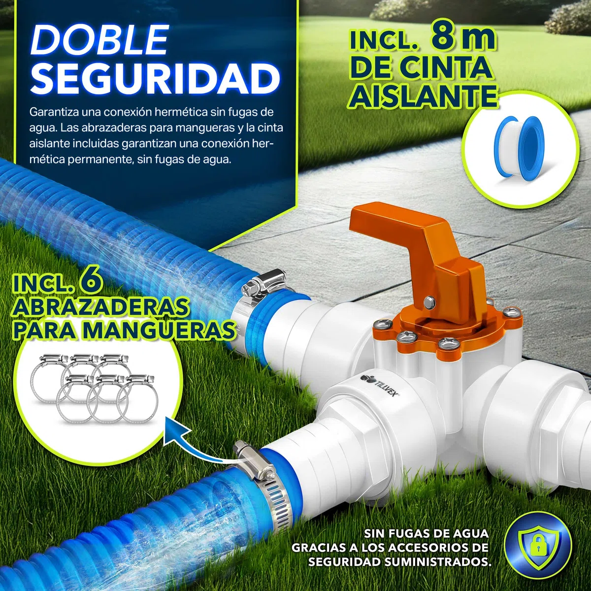 tillvex® Juego de Bypass Piscina Completo 12 pzs. – Ø 32 & 38 mm Conector | Válvula de 3 vías y Adaptador ABS | con 6 Abrazaderas de Manguera de Acero Inoxidable y Cinta Aislante de 8 m