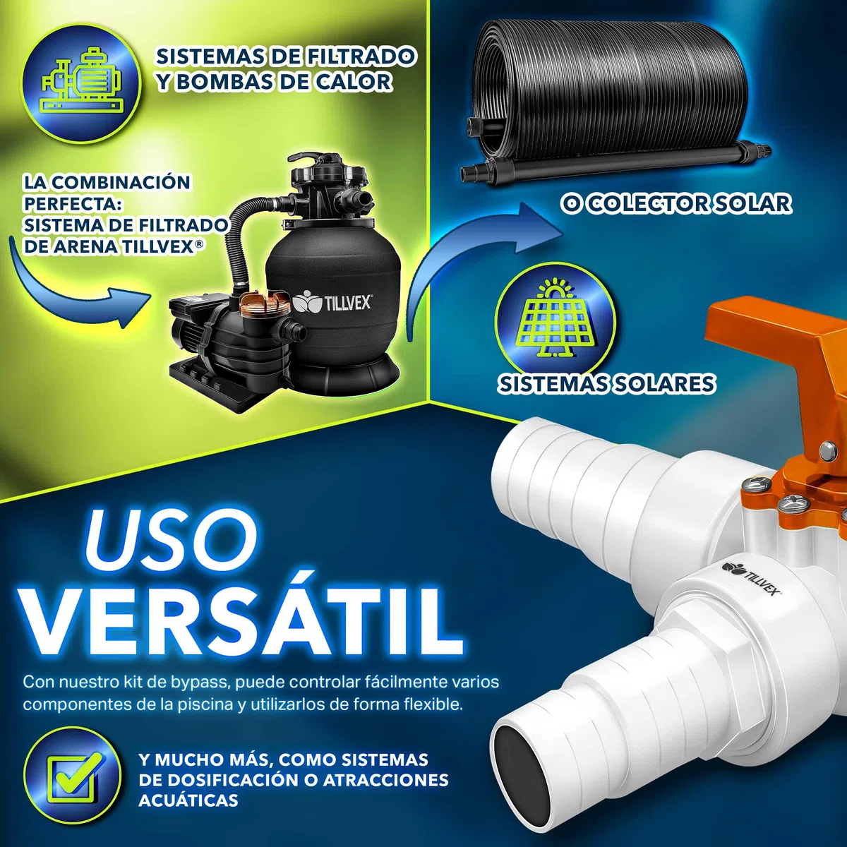 tillvex® Juego de Bypass Piscina Completo 12 pzs. – Ø 32 & 38 mm Conector | Válvula de 3 vías y Adaptador ABS | con 6 Abrazaderas de Manguera de Acero Inoxidable y Cinta Aislante de 8 m
