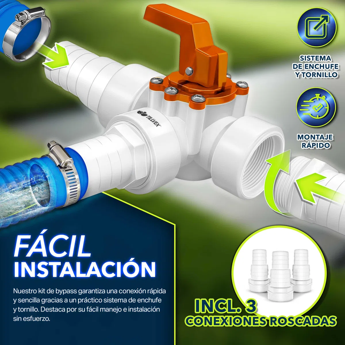tillvex® Juego de Bypass Piscina Completo 12 pzs. – Ø 32 & 38 mm Conector | Válvula de 3 vías y Adaptador ABS | con 6 Abrazaderas de Manguera de Acero Inoxidable y Cinta Aislante de 8 m