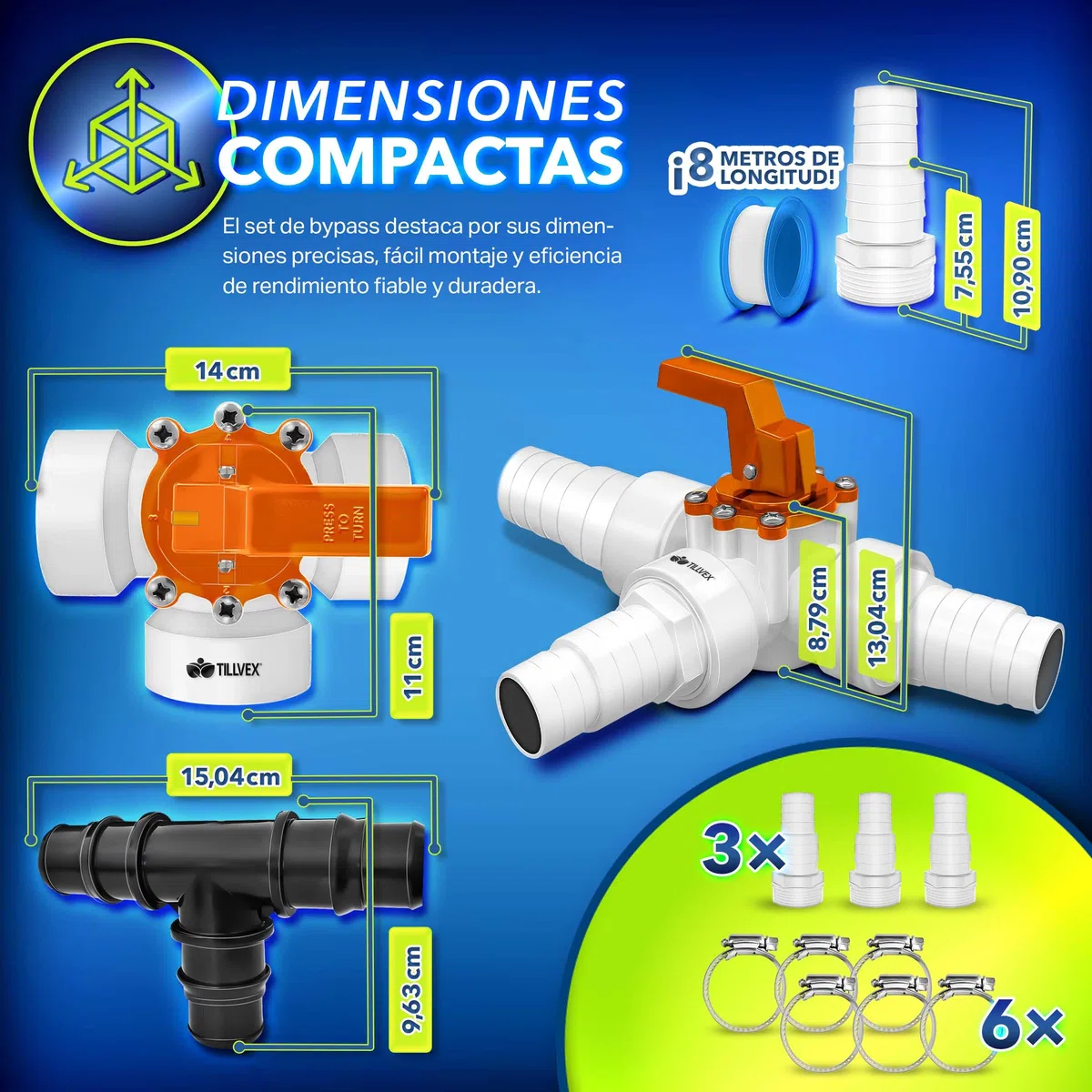 tillvex® Juego de Bypass Piscina Completo 12 pzs. – Ø 32 & 38 mm Conector | Válvula de 3 vías y Adaptador ABS | con 6 Abrazaderas de Manguera de Acero Inoxidable y Cinta Aislante de 8 m